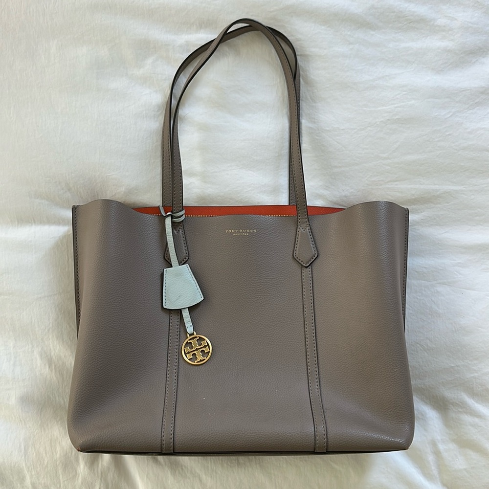 Tory Burch Perry Triple Compartment Tote Bag Purse in Beige Taupe Gray